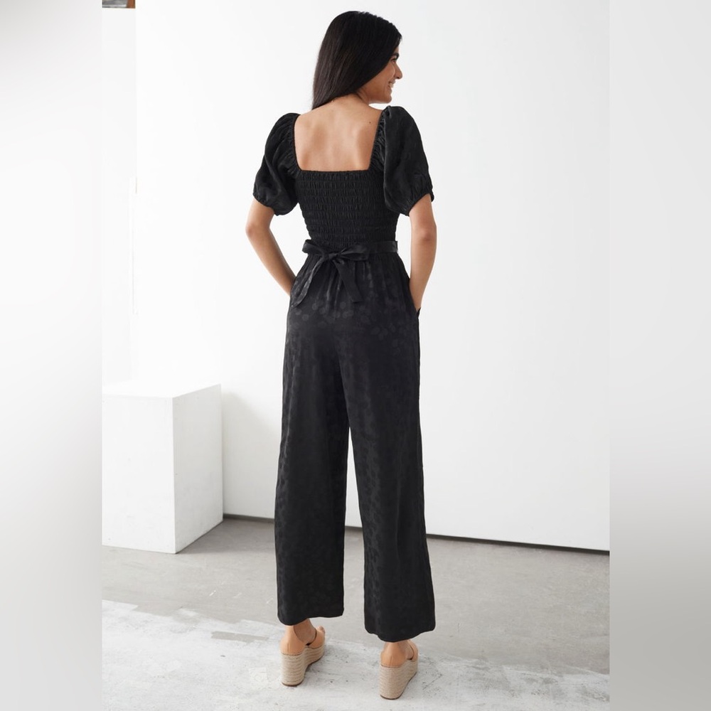 & Other Stories Smocked Puff Sleeve Wide Leg Jumpsuit Black US 8 - Picture 2 of 8